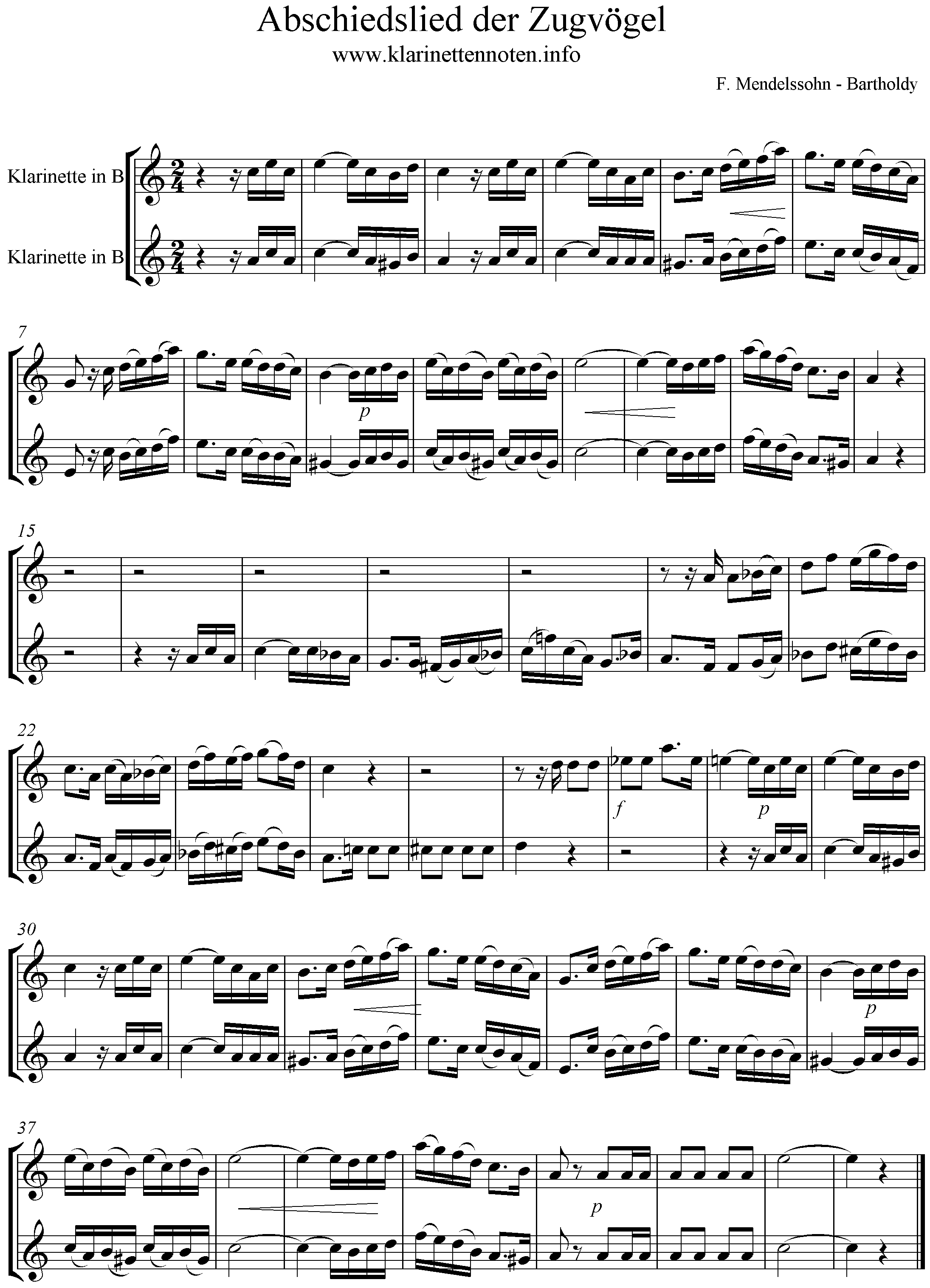 NOten Abschiedslied der Zugcögel, C-Dur, op. 63, Mendelssohn-Bartholdy
